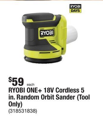 The Home Depot Ryobi one+ 18v cordless 5 in. random orbit sander (tool only) offer