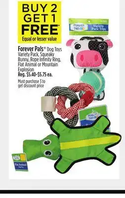 Dollar General Forever pals® dog toys variety pack, squeaky bunny, rope infinity ring, flat animal or mountain explosion offer