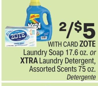 CVS Zote laundry soap 17.6 oz. or xtra laundry detergent, assorted scents 75 oz. offer