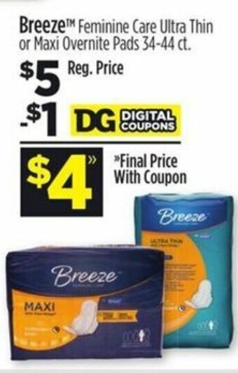 Dollar General Breeze Feminine Care Ultra Thin Or Maxi Overnite Pads offer