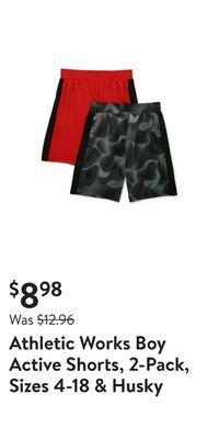 Walmart Athletic works boy active shorts, 2-pack, sizes 4-18 & husky offer