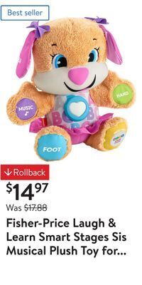 Walmart Fisher-price laugh & learn smart stages sis musical plush toy for infants and toddlers offer