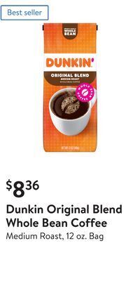 Walmart Dunkin original blend whole bean coffee offer