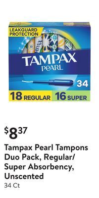 Walmart Tampax pearl tampons duo pack, regular/super absorbency, unscented offer