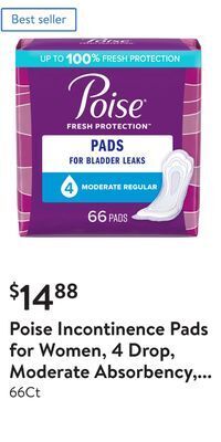 Walmart Poise incontinence pads for women, 4 drop, moderate absorbency, regular offer