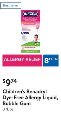 Walmart Children's benadryl dye-free allergy liquid, bubble gum offer
