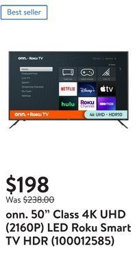 Walmart Onn. 50 class 4k uhd (2160p) led roku smart tv hdr (100012585) offer
