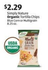 Aldi Simply Nature Organic Tortilla Chips Blue Corn or Multigrain 8.25 oz. offer