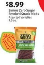 Aldi Simms Zero Sugar Smoked Snack Sticks Assorted Varieties 9.5 oz. offer