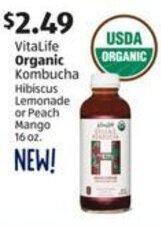 Aldi VitaLife Organic Kombucha Hibiscus Lemonade or Peach Mango 16 oz. offer