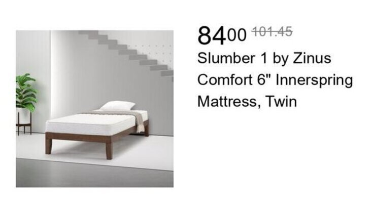Walmart Slumber 1 by Zinus Comfort 6" Innerspring Mattress, Twin offer