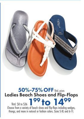 Boscov's Ladies beach shoes and flip-flops offer