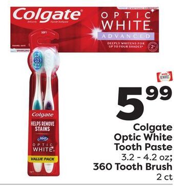 Weis Markets Colgate optic white tooth paste 3.2-4.2 oz 360 tooth brush 2 ct offer