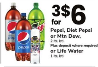 ACME Pepsi, diet pepsi or mtn dew, 2 ltr. btl or life water 1 ltr. btl. offer