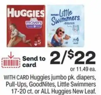 CVS Huggies Jumbo Pk. Diapers, Pull-Ups, GoodNites, Little Swimmers 12-20 ct or All Huggies New Leaf offer