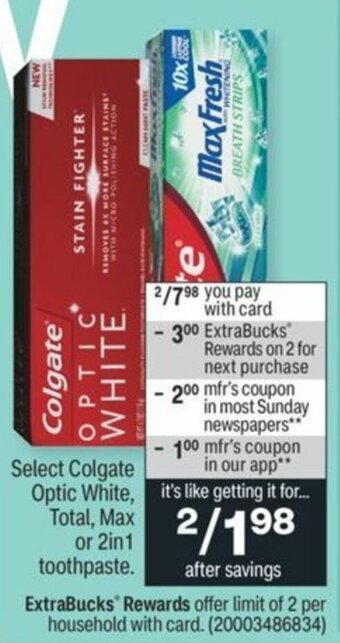 CVS Colgate Optic White , Total,Max Or 2in1 Toothpaste offer
