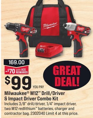 Ace Hardware Milwaukee® m12™ drill/driver & impact driver combo kit offer