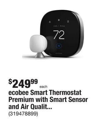 The Home Depot Ecobee smart thermostat premium with smart sensor and air quality monitor wifi works with siri, alexa, google assistant offer