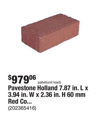 The Home Depot Pavestone holland 7.87 in. l x 3.94 in. w x 2.36 in. h 60 mm red concrete paver (480-piece/103 sq. ft./pallet) offer