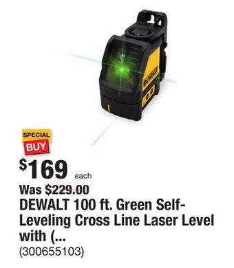 The Home Depot Dewalt 100 ft. green self-leveling cross line laser level with (3) aa batteries & case offer