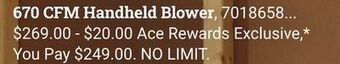 Ace Hardware 670 cfm handheld blower offer