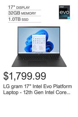 Costco Lg gram 17 intel evo platform laptop - 12th gen intel core i7-1260p - 2560 x 1600 - windows 11 offer