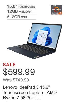 Costco Lenovo ideapad 3 15.6 touchscreen laptop - amd ryzen 7 5825u - 1080p - windows 11 - abyss blue offer