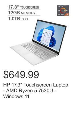 Costco Hp 17.3 touchscreen laptop - amd ryzen 5 7530u - windows 11 offer