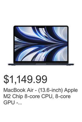 Costco Macbook air - (13.6-inch) apple m2 chip 8-core cpu, 8-core gpu - 256gb ssd (2022) offer