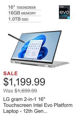 Costco Lg gram 2-in-1 16 touchscreen intel evo platform laptop - 12th gen intel core i7-1260p - 2560 x 1600 - windows 11 offer