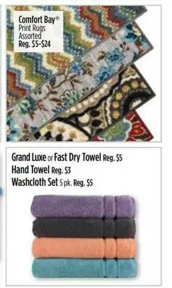 Dollar General Comfort Bay Print Rugs, Grand Luxe Or Fast Dry Towel, Hand Towel, Washcloth Set offer
