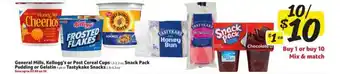 Winn Dixie General Mills, Kellogg's Or Post Cereal Cups, Snack Pack Pudding Or Gelatin Or Tastykake Snacks offer