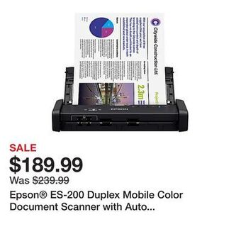 Office Depot Epson® es-200 duplex mobile color document scanner with auto document feeder offer