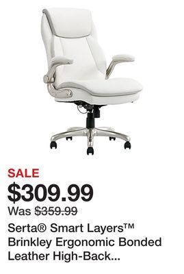 Office Depot Serta® smart layers™ brinkley ergonomic bonded leather high-back executive chair, white/silver offer