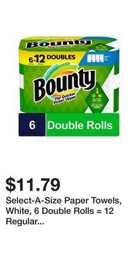 Big Lots Select-a-size paper towels, white, 6 double rolls = 12 regular rolls, 6-count offer