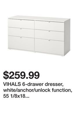 Ikea Vihals 6-drawer dresser, white/anchor/unlock function, 55 1/8x18 1/2x29 1/2 offer