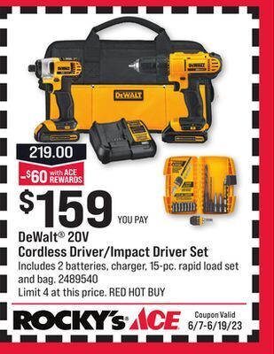 Ace Hardware Dewalt® 20v cordless driver/impact driver set offer