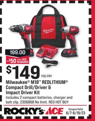 Ace Hardware Milwaukee® m18™ redlithium® compact drill/driver & impact driver kit offer