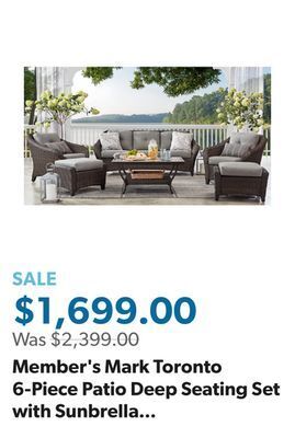 Sam's Club Member's mark toronto 6-piece patio deep seating set with sunbrella fabric - gray offer