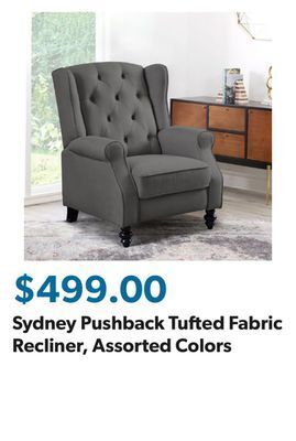 Sam's Club Sydney pushback tufted fabric recliner, assorted colors offer