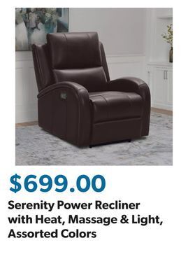 Sam's Club Serenity power recliner with heat, massage & light, assorted colors offer
