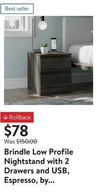 Walmart Brindle low profile nightstand with 2 drawers and usb, espresso, by hillsdale living essentials offer