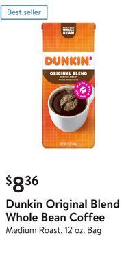 Walmart Dunkin original blend whole bean coffee offer