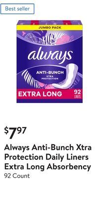 Walmart Always anti-bunch xtra protection daily liners extra long absorbency offer