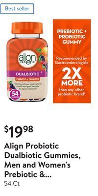 Walmart Align probiotic dualbiotic gummies, men and women's prebiotic & probiotic dietary supplement offer