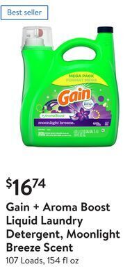 Walmart Gain + aroma boost liquid laundry detergent, moonlight breeze scent offer