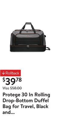 Walmart Protege 30 in rolling drop-bottom duffel bag for travel, black and grey offer