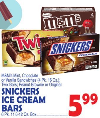 Bravo Supermarkets Snickers ice cream bars, 6 pk. 11.6-12 oz box offer