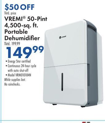 Boscov's Vremi® 50-pint 4, 500-sq. ft. portable dehumidifier offer