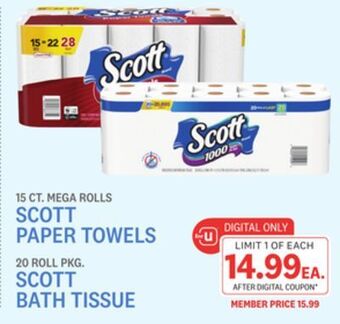 Kings Food Markets 15 ct. mega rolls scott paper towels 20 roll pkg. scott bath tissue offer